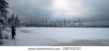 Woman in a black coat and wearing snowshoes is taking a photograph of a winter scene that includes an evergreen forest and a large frozen lake. The sky is overcast with light to dark gray clouds.
 Royalty-Free Stock Photo #2387535707