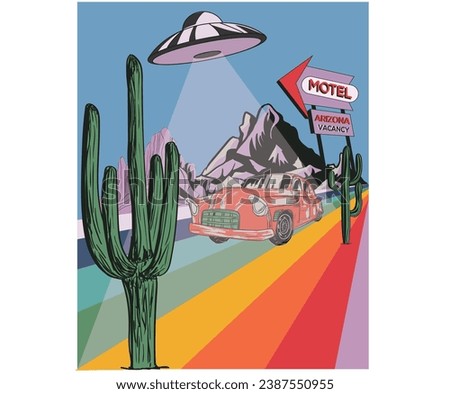 Ufo vector illustration. Cactus retro artwork. Desert car  adventure t-shirt design. Arizona desert graphic print design for apparel, sticker.  Ufo flying object, cosmic, vessel. Desert road trip.