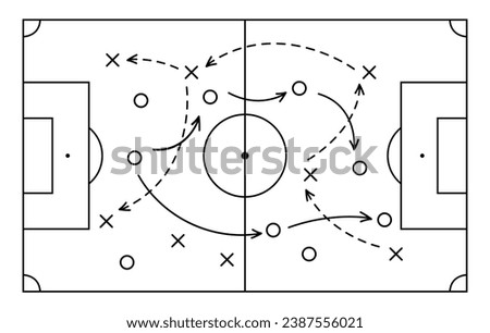 Soccer strategy field, football game tactic drawing on chalkboard. Hand drawn soccer game scheme, learning diagram with arrows and players on board, sport plan outline vector illustration. Royalty-Free Stock Photo #2387556021