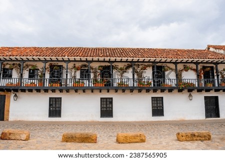 White buildings with colonial architecture in Villa de Leyva, Boyaca, Colombia