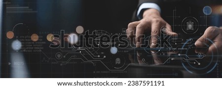 Software engineer using digital tablet with cyber security network, computer code on virtual screen interface. Data science. machine learning of artificial intelligence, digital software development