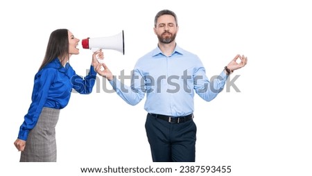 rivalry concept. business conflict. businesswoman shouting on employee in loudspeaker isolated on white. business boss has conflict with partner about promotion. solving conflict. keep calm