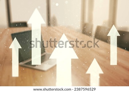 Double exposure of creative abstract upward arrows hologram on laptop background. Ambition and challenge concept