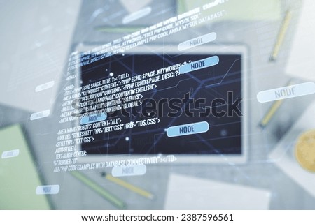 Multi exposure of abstract graphic coding sketch and modern digital tablet on desktop on background, top view, big data and networking concept
