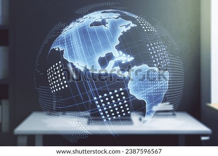 Digital America map and modern desktop with pc on background, global technology concept. Multiexposure