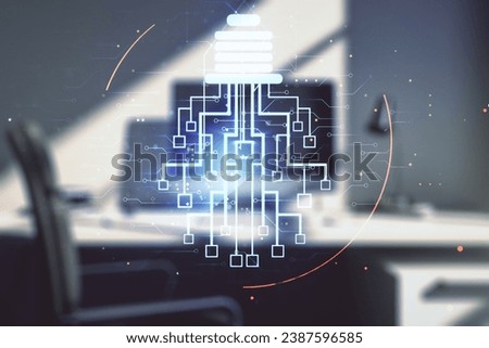 Creative light bulb with chip hologram and modern desk with computer on background, artificial Intelligence and neural networks concept. Multiexposure