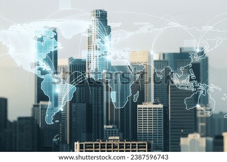 Abstract graphic digital world map hologram with connections on Los Angeles cityscape background, globalization concept. Multiexposure