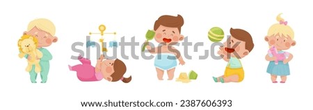 Cute Toddler Children Playing With Different Toys Vector Set