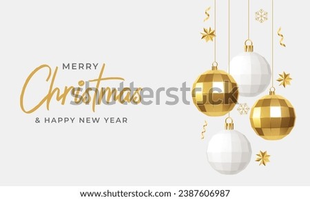 Merry Christmas Banner and Background Design. Christmas Luxury and Elegant Greeting Card with 3D Objects Vector Illustration