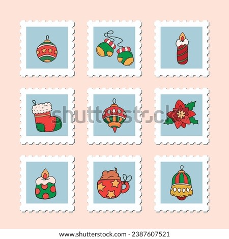 Vector about Christmas stamp collection in flat design