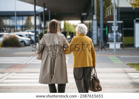 Rear view of mature granddaughter walking arm in arm from shop. Caregiver carrying groceries to senior woman's car. Elderly lady shopping at the shopping center, needing help loading groceries into Royalty-Free Stock Photo #2387615651