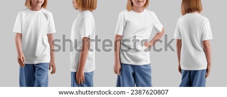Mockup of white kid's t-shirt, shirt on blonde girl in jeans, isolated on background, front, side, back. A set of clothes for advertising. Casual streetwear template for design. Product photography