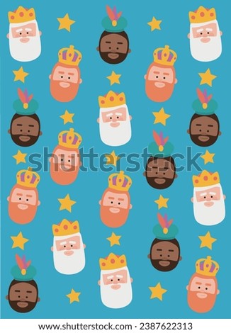 Christmas blue background, the three kings of orient, Melchior, Gaspard and Balthazar for wrapping paper pattern