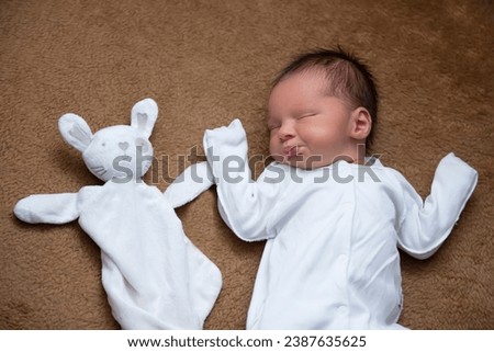 Newborn baby with a soft bunny toy on a beige background.
