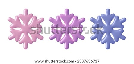 3D Snowflakes collection. Glossy metallic minimal pink, blue and purple winter design elements or frost icons. Three dimensional vector holiday decorations isolated on white background.