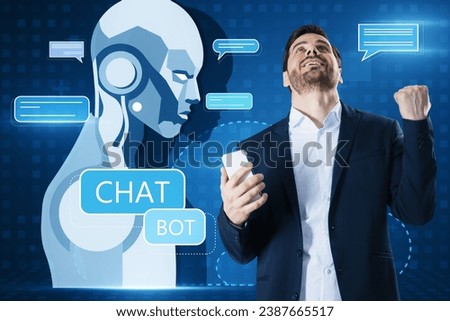 Portrait of happy european businessman celebrating success with creative glowing robot and chat ai hologram on blue pixels background. Machine learning, artificial intelligence and innovation concept