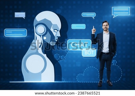 Portrait of happy young european businessman with creative glowing robot and chat ai hologram on blue pixels background. Machine learning, artificial intelligence and innovation concept