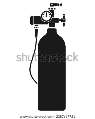 Steel oxygen tank monochrome icon - O2 gas reservoir for breathing due to medical issues, scuba diving, mountaineering or aircraft