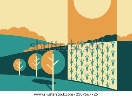 Geometric landscape pattern with outdoor agricultural field scene in simple style