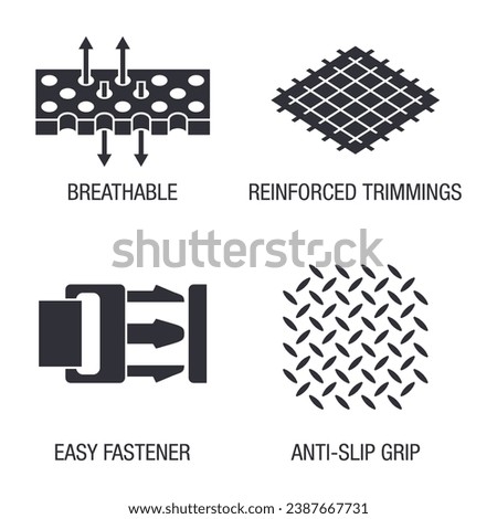 Shoulder brace sling properties icons set for labeling. Breathable, Reinforced trimmings, Easy fastener and Anti-slip grip. In flat monochrome style Royalty-Free Stock Photo #2387667731