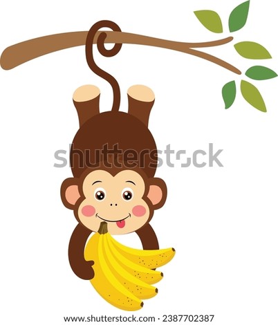 Greedy monkey hanging from the tree branch holding a bunch of bananas