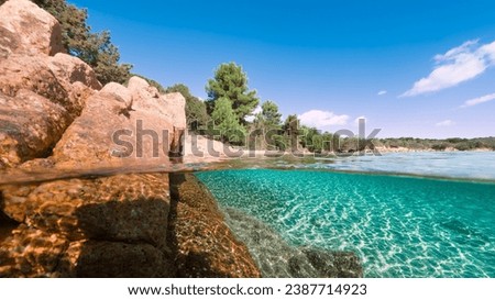 Half underwater photo of a wonderful cove in Porto Istana. The crystalline blue color of the water contrasts with the pink of the granites and the green of the vegetation.