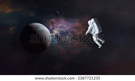 Spaceman is flying in outer space close to Jupiter planet. Elements of this image furnished by NASA.  Royalty-Free Stock Photo #2387721235