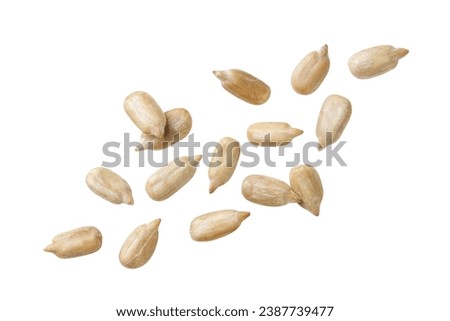 Sunflower seed kernels fly close-up on a white background. Isolated