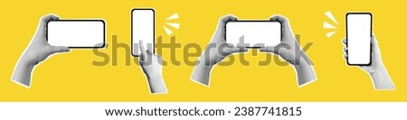 Vector halftone hands hold phones. Illustration with hands holding mobile phones with halftone effects. Modern art halftone collage with human palms and smartphones. Collection of collage elements. Royalty-Free Stock Photo #2387741815