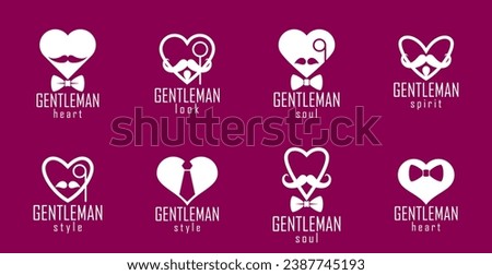 Gentleman hearts vector icons or logos set, heart shapes with ties mustaches and glasses symbols collection, man club, male style and fashion.