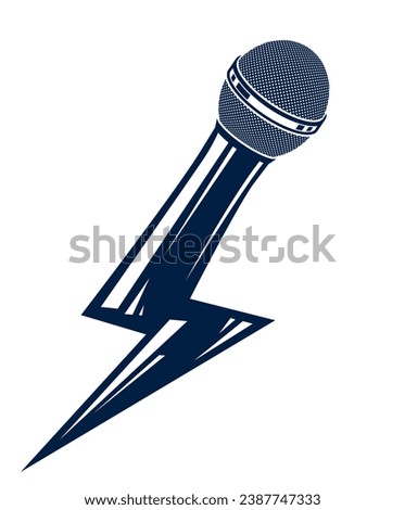 Microphone in a shape of lightning, mic like a bolt, breaking news concept, rap battle rhymes music, karaoke singing or standup comedy, vector logo or illustration.