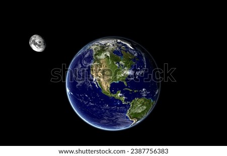 Earth and moon: Image of planet Earth as seen from space with the continent of North America in the center and the moon isolated in black space