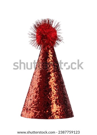 Realistic red glitter party hat with pompon on top. Isolated on a white background.