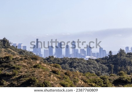 view from the a mountain of downtown Los Angeles, Image shows a smaller mountain and downtown los angeles skyscrappers in the background, October 2023