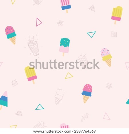 Sweet seamless pattern. Ice cream drawing.Summer repeat pattern for kids.Vector illustration design for fashion fabrics, textile graphics, prints with pink stripes.