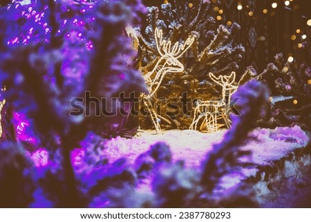 Christmas background with snow-covered fir trees and illuminations
