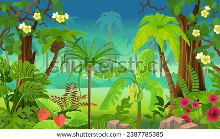  Jungle forest view. Jungle with green tropical trees, plants, shrubs and flowers. Wildlife panoramic with landscape. Vector cartoon illustration.