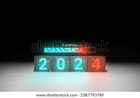 New Year 2024 loading dark brown 2024 block with colorful download bar on gray background. Start the new year 2024 with modern technology. Action plan, strategy, new year business vision Royalty-Free Stock Photo #2387793789
