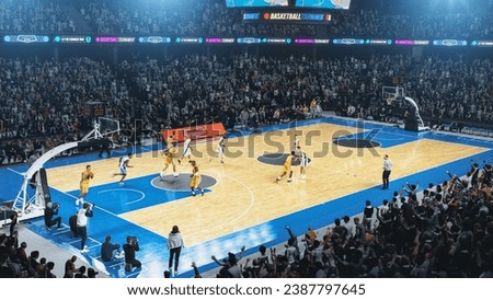 College Basketball Playoffs: Basketballers Passing and Dribbling Past Rival Team, Talented Players Score Goals. Live Television and Internet Broadcast on Sports Channel. High Angle Footage