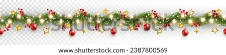 Border with green fir branches, gold stars, red balls, lights isolated on transparent background. Pine, xmas evergreen plants seamless banner. Vector Christmas tree garland decoration Royalty-Free Stock Photo #2387800569