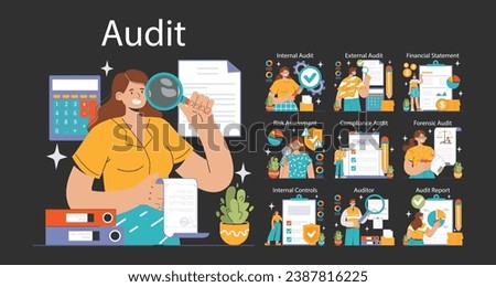 Audit set. Professionals evaluating financial records. Internal and external assessment, compliance checks. Forensic scrutiny, risk analysis. Financial statement reviews. Flat vector illustration Royalty-Free Stock Photo #2387816225