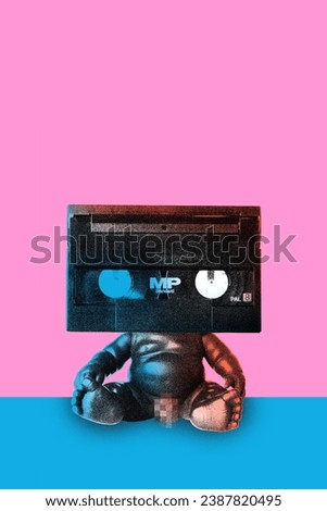Poster. Contemporary art collage. Modern creative artwork. Baby-doll with music-cassette instead of head isolated blue-pink background. Image in old paper style. Concept of youth culture, technology.