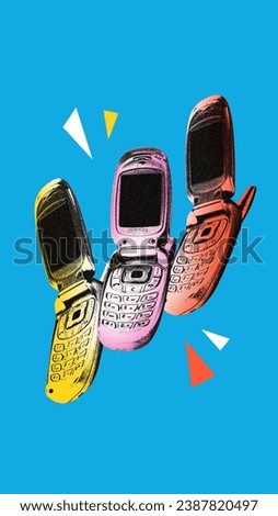 Poster. Contemporary art collage. Modern creative artwork. Vintage cell phone mobile device isolated blue background. Image in old paper style. Concept of youth culture, retro, technology. Copy space.