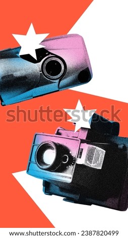 Poster. Contemporary art collage. Modern creative artwork. Vintage photo camera, flash camera isolated orange background. Image in old paper style. Concept of youth culture, retro, technology.