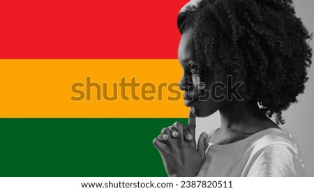 Poster. Contemporary art collage. Black and white profile portrait of young African-American woman with flag background. Concept of Black History Month, civil rights, culture, liberty. Ad