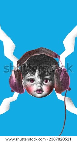 Poster. Contemporary art collage. Modern creative artwork. Head of baby-doll in vintage wired headphones isolated blue background. Image in old paper style. Concept of youth culture, retro, technology