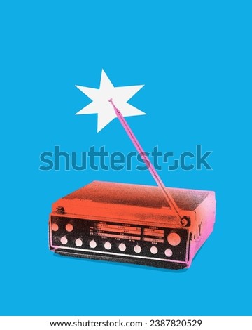 Poster. Contemporary art collage. Modern creative artwork. Vintage radio station in red neon light isolated blue background. Image in old paper style. Concept of youth culture, retro, technology.