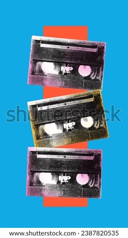 Poster. Contemporary art collage. Creative artwork. Three vintage cassettes in modern old paper style, filter isolated blue orange background. Concept of youth culture, retro, technology. Copy space
