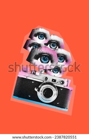 Poster. Contemporary art collage. Modern artwork. Vintage photo camera with a lot of baby-doll eyes isolated orange background. Image in old paper style. Concept of youth culture, retro, technology.