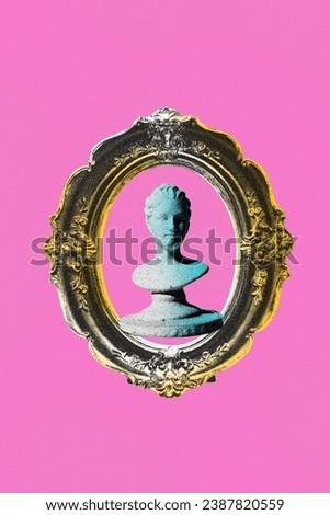 Poser. Contemporary art collage. Vintage antique statue bust in retro frame isolated pink background. Image in old paper style. Image in old paper style. Concept of youth culture, technology. Ad